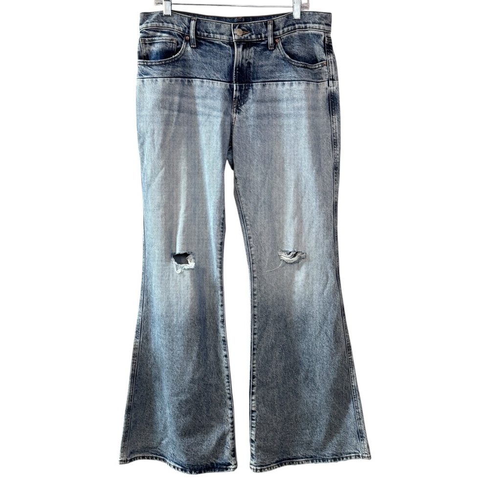 Express ‘70s flare mid rise two tone jeans women’s 10R ***measures 35” waist - Picture 2 of 15